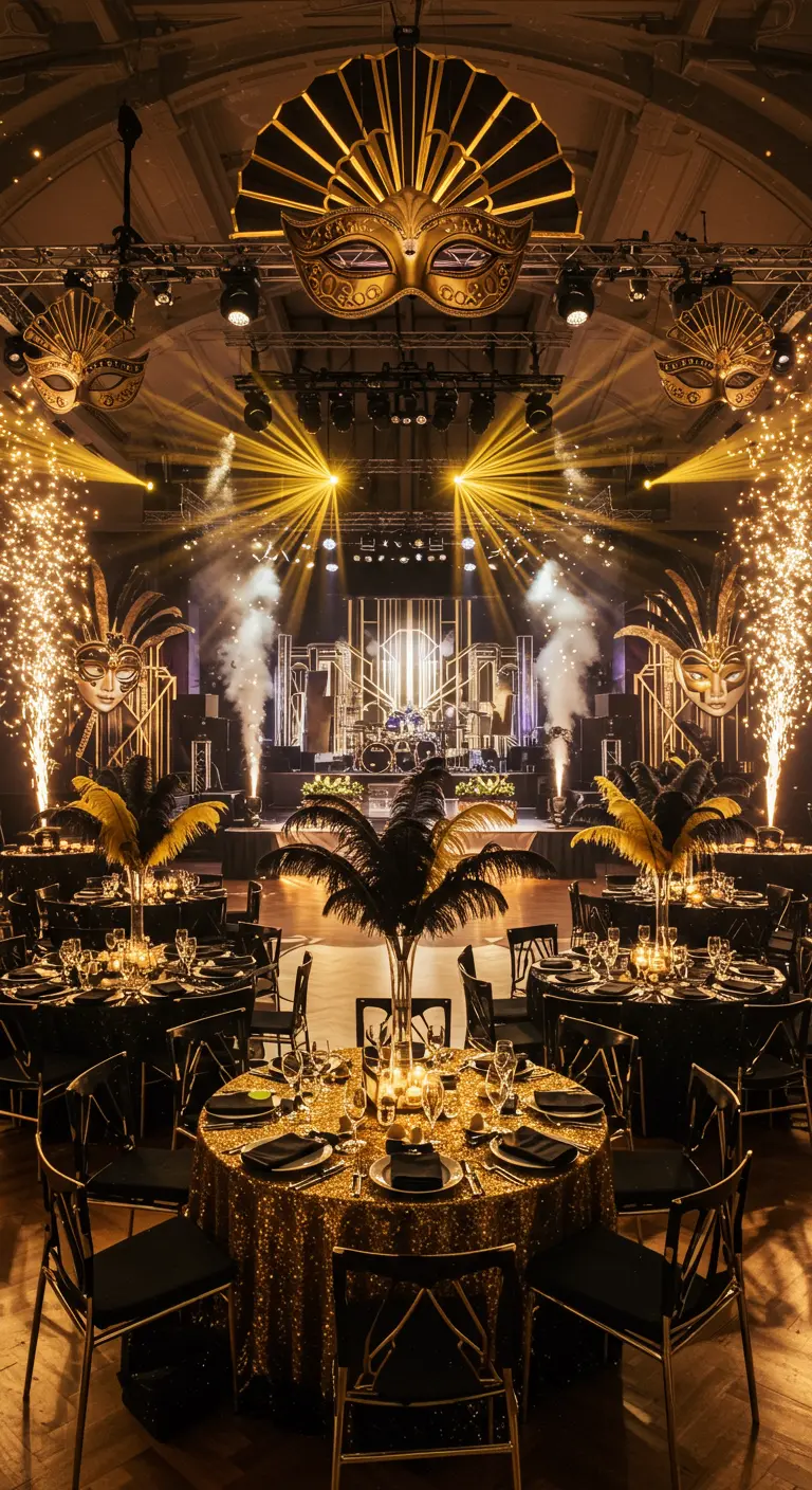 Salle de réception noire et or style Gatsby avec masques géants, plumes et effets d'étincelles.