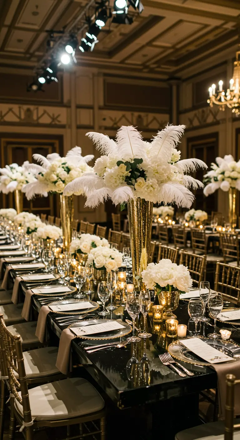 Longue table de mariage glamour avec vases dorés, plumes blanches, roses et photophores.