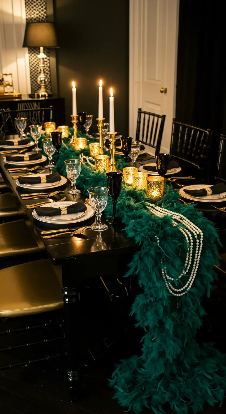 Table de style Gatsby des Années Folles avec un chemin de table en plumes vertes et des colliers de perles.