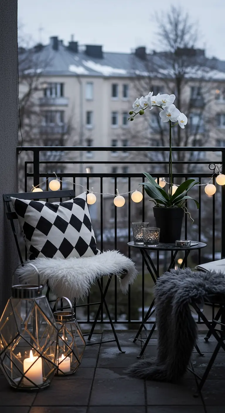 Balcon moderne noir et blanc avec orchidée, coussin graphique et lanternes facettées. 