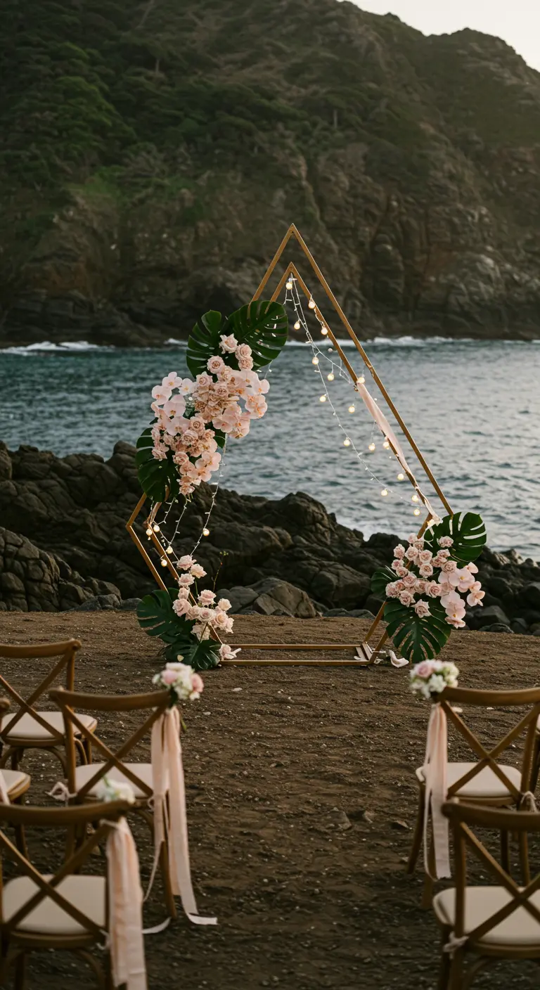 Arche géométrique dorée, guirlandes lumineuses, roses pâles, monstera, côte rocheuse au crépuscule.