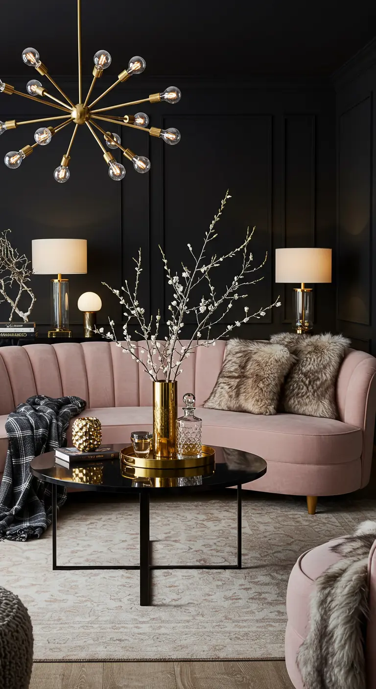 Salon chic avec canapé rose, touches dorées et coussins en fausse fourrure.