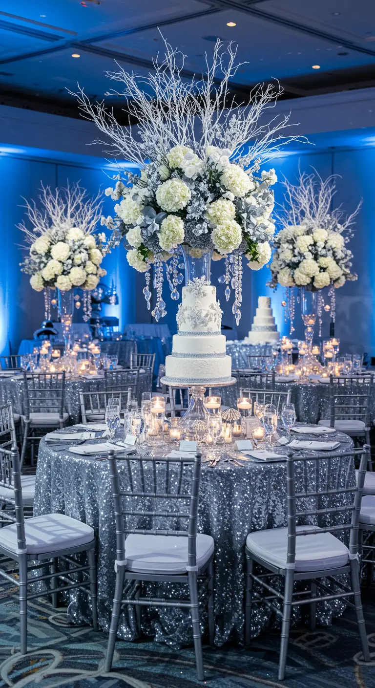 Centre de table floral blanc et bleu avec branches argentées et cristaux dans une salle aux tons bleus scintillants.