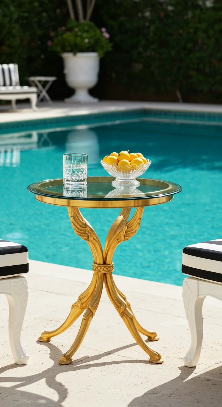 Petite table dorée avec des citrons au bord d'une piscine.