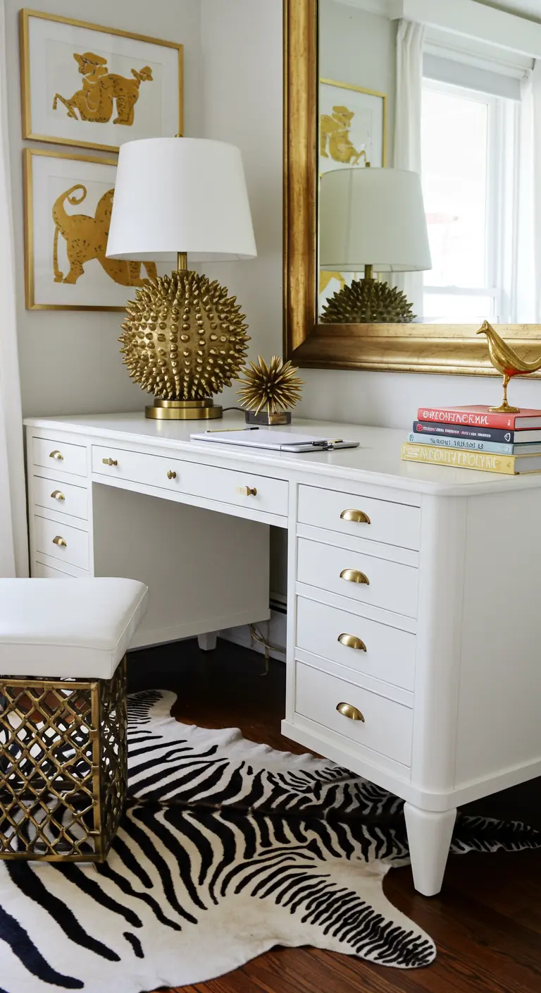 Bureau blanc laqué avec des poignées dorées, une lampe sculpturale et un tapis à motif zèbre.