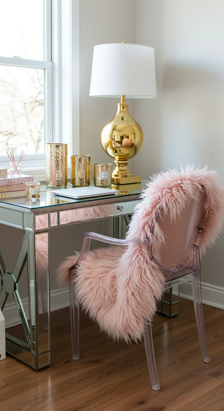 Bureau glamour avec une table en miroir, une chaise transparente recouverte d'un plaid en fourrure rose et des accents dorés.