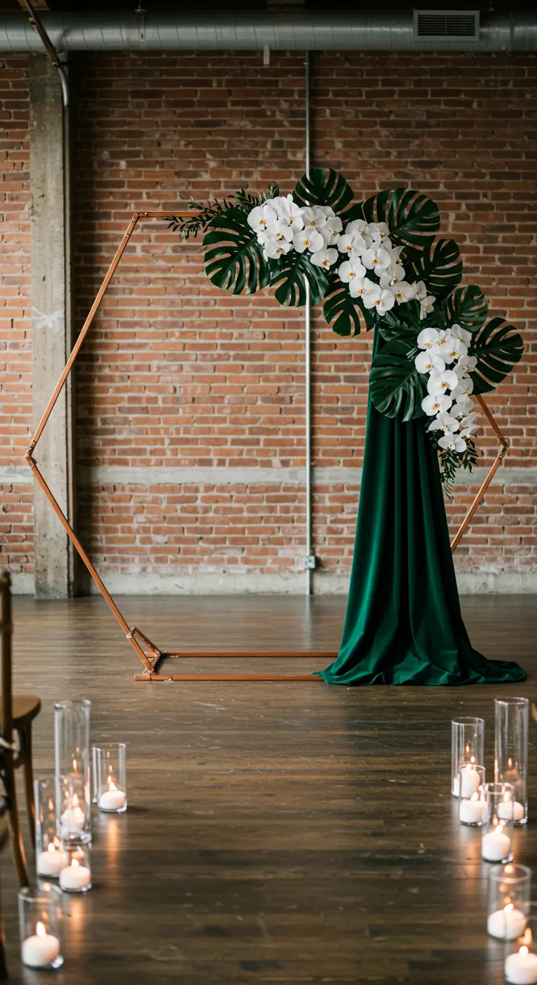 Arche de mariage hexagonale cuivrée avec orchidées et velours émeraude.