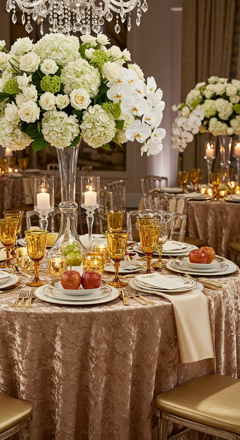 Table de réception luxueuse avec nappe dorée et grand bouquet de fleurs blanches.