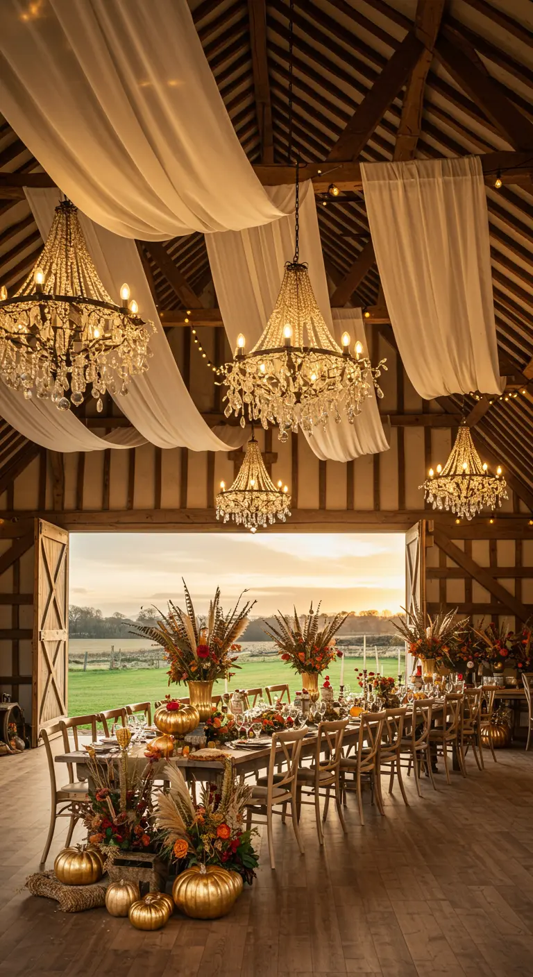 Réception dans une grange avec lustres en cristal et table automnale.