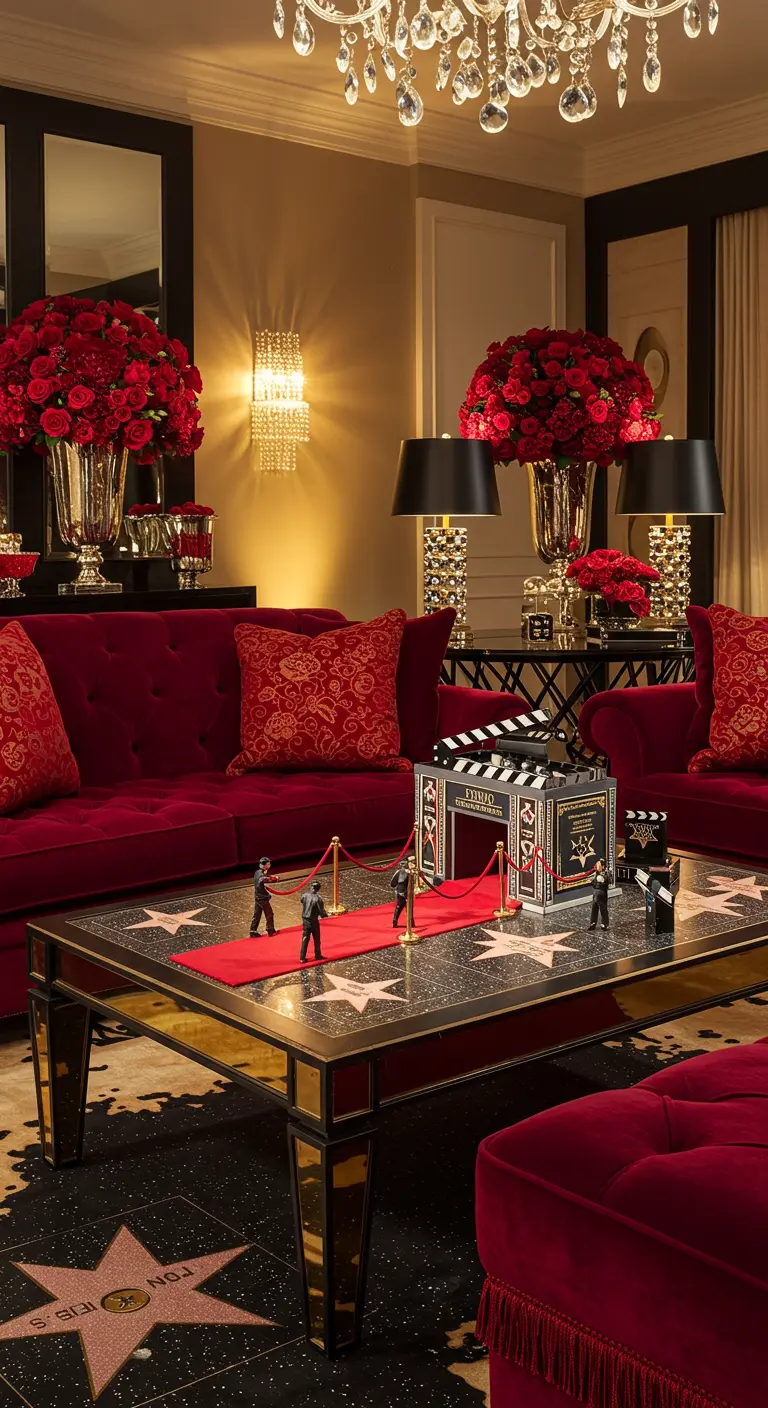 Table basse glamour avec tapis rouge miniature, claps de cinéma et figurines.