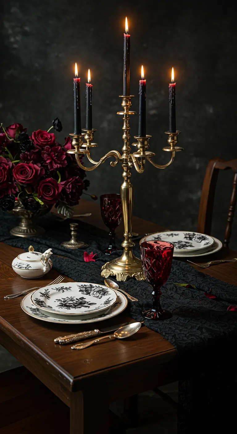 Table gothique sombre avec chandelier doré, bougies noires et roses rouges.