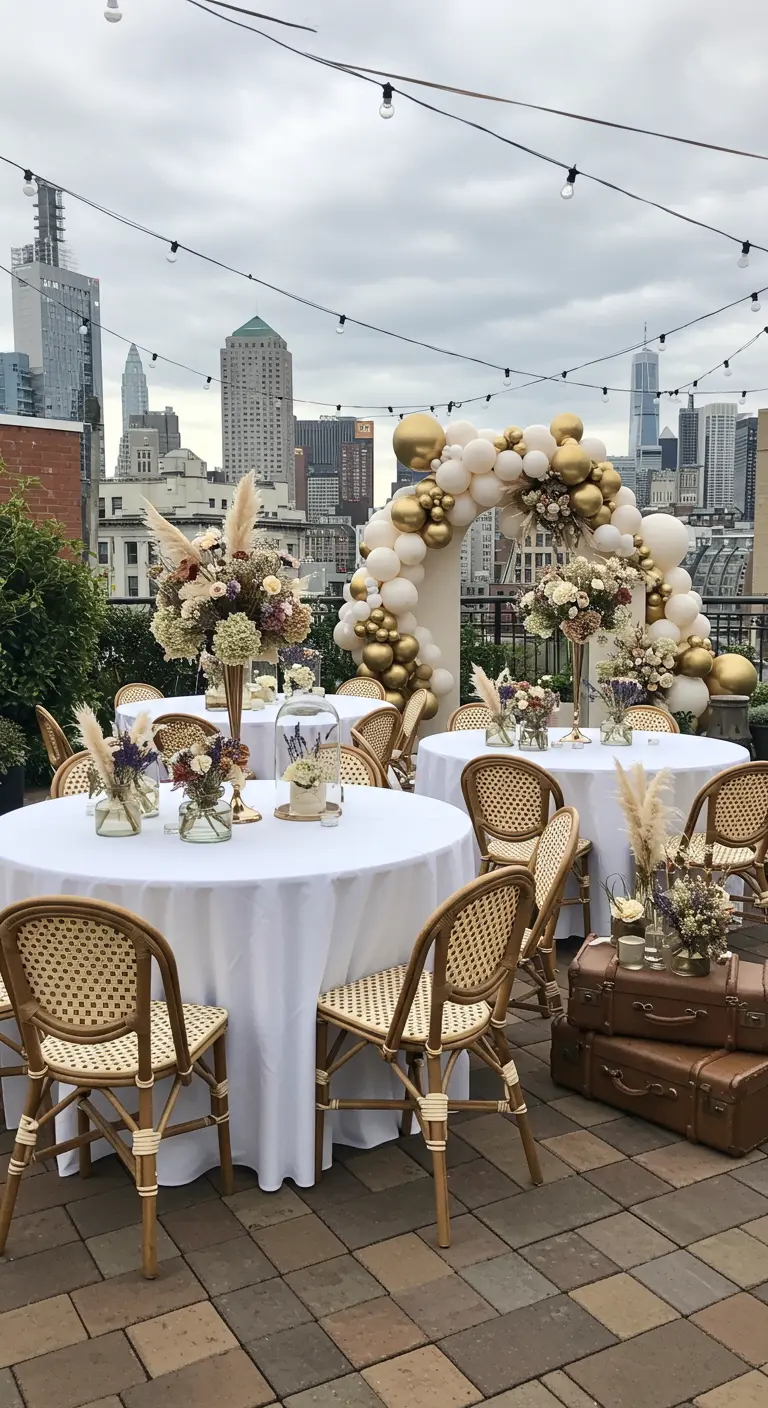 Décoration d'anniversaire chic sur un rooftop urbain avec arche de ballons dorés et blancs.
