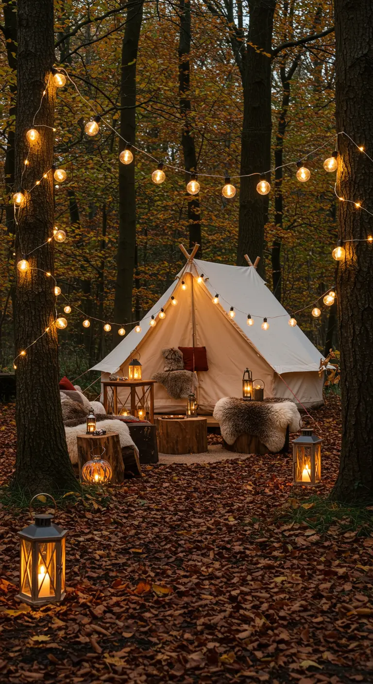 Tente de glamping en forêt, entourée de guirlandes lumineuses, lanternes et décorations automnales.