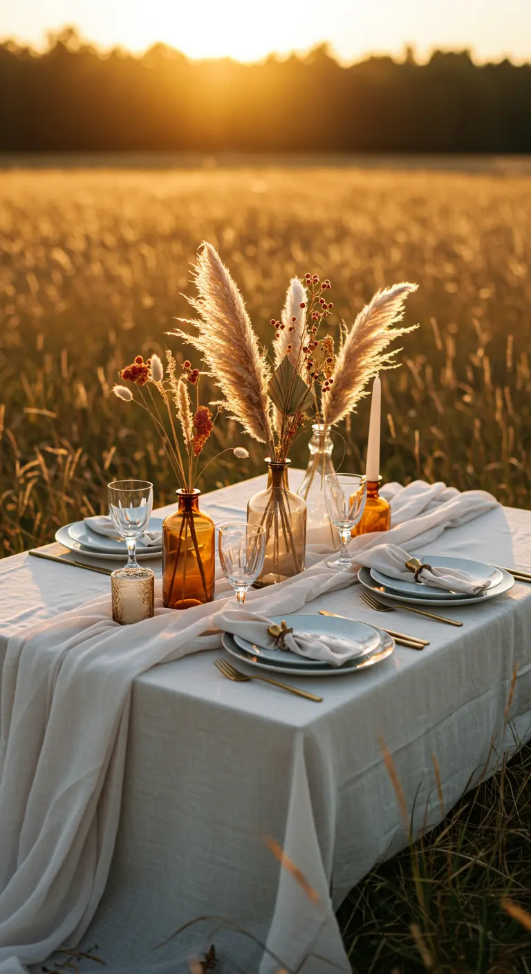 Table dressée dans un champ au coucher du soleil, avec de l'herbe de la pampa et une nappe en lin.