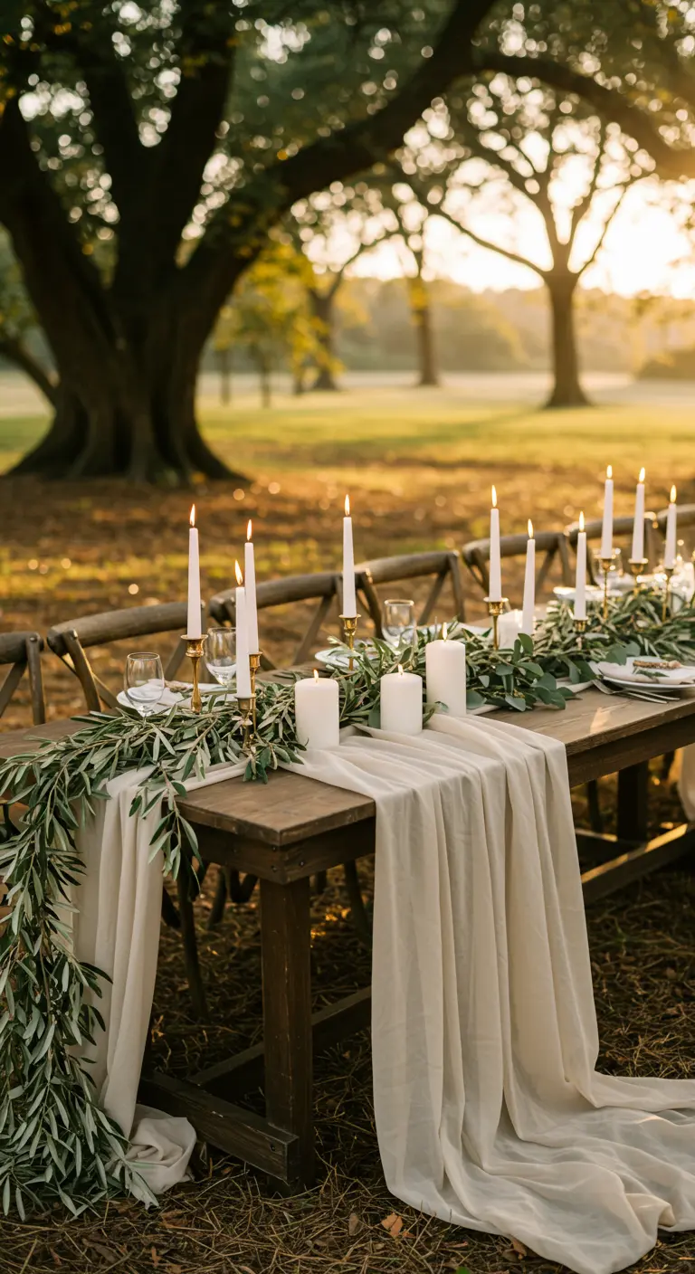Table de mariage rustique en extérieur avec guirlande de feuilles d'olivier et bougies