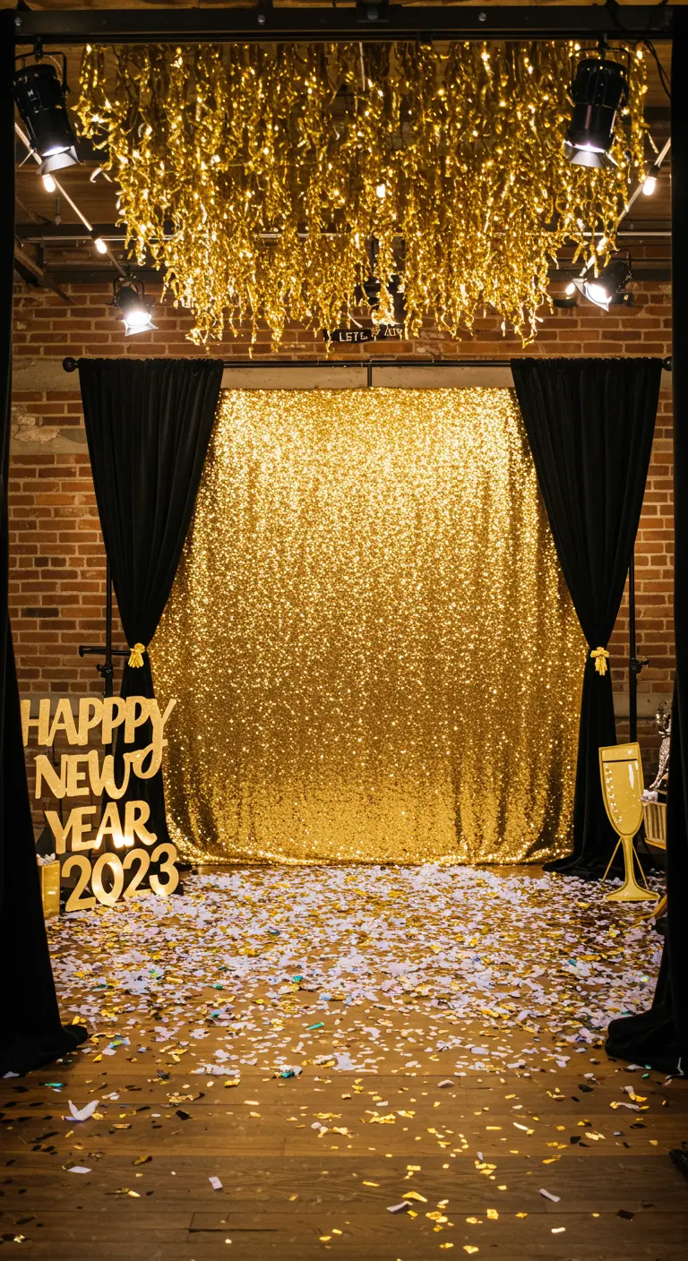 Photobooth festif doré avec mur à sequins, lettres 