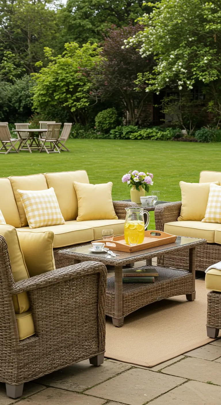 Salon de jardin en rotin brun avec des coussins jaune pastel et à motif vichy sur une terrasse en pierre.