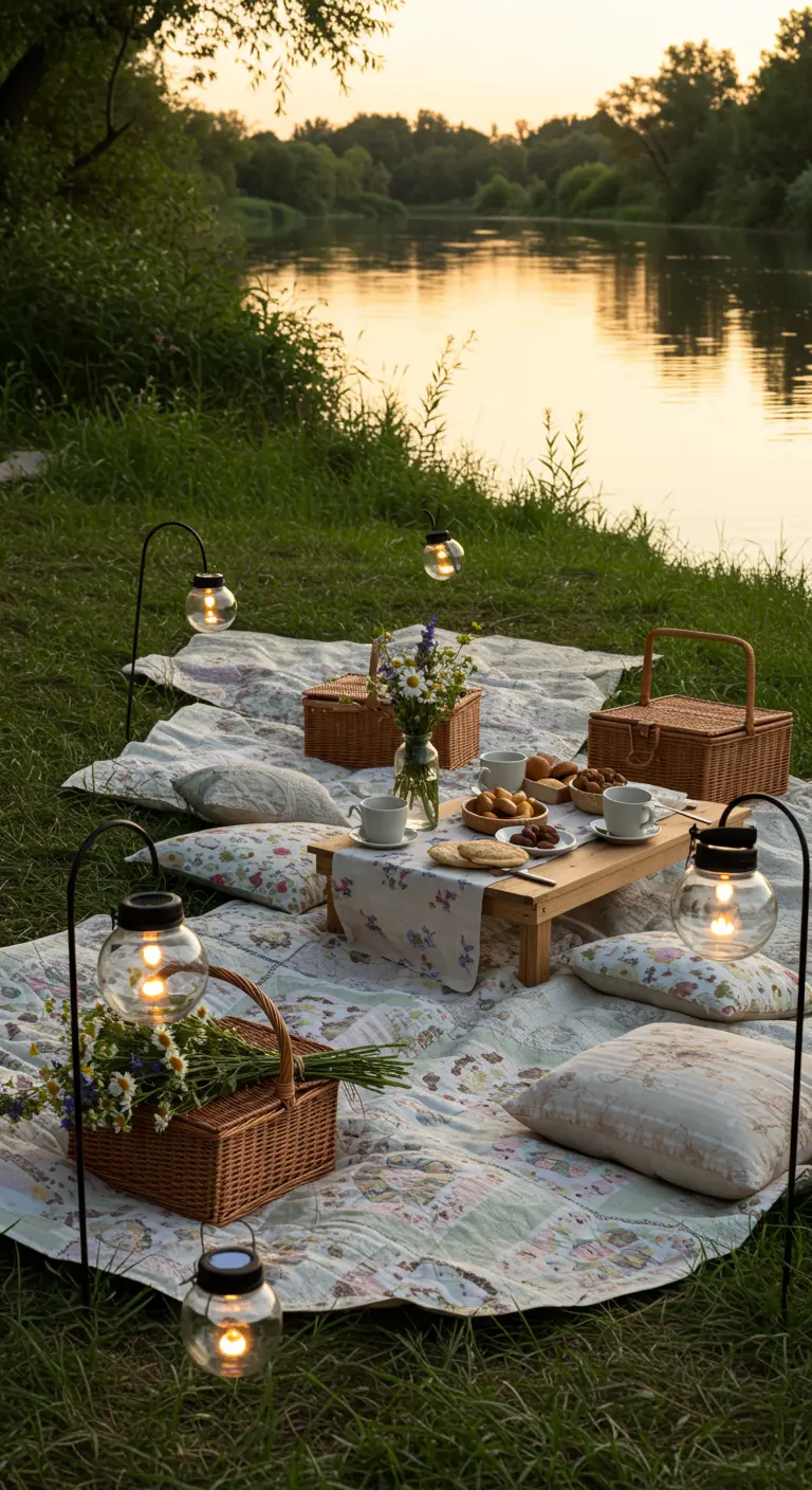 Pique-nique au bord d'une rivière avec des paniers, des coussins et des lanternes solaires sur piques.