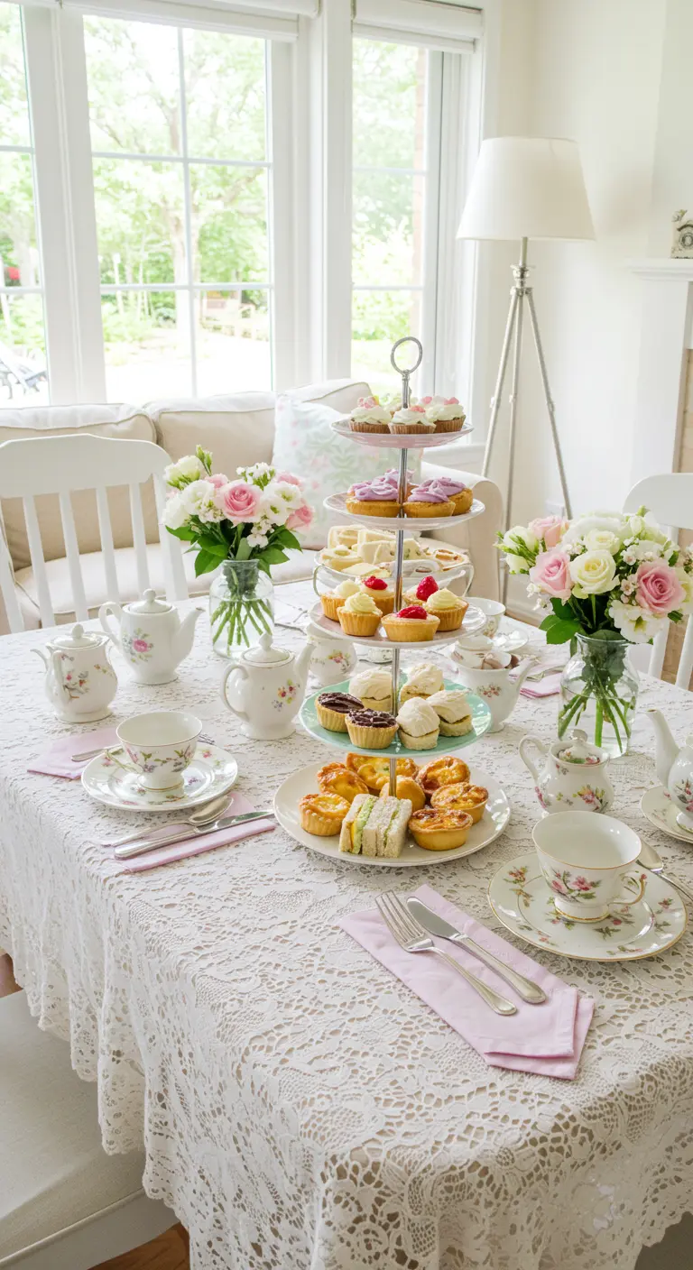 Table décorée pour un goûter anglais avec présentoir à gâteaux, bouquets de roses et nappe en dentelle.