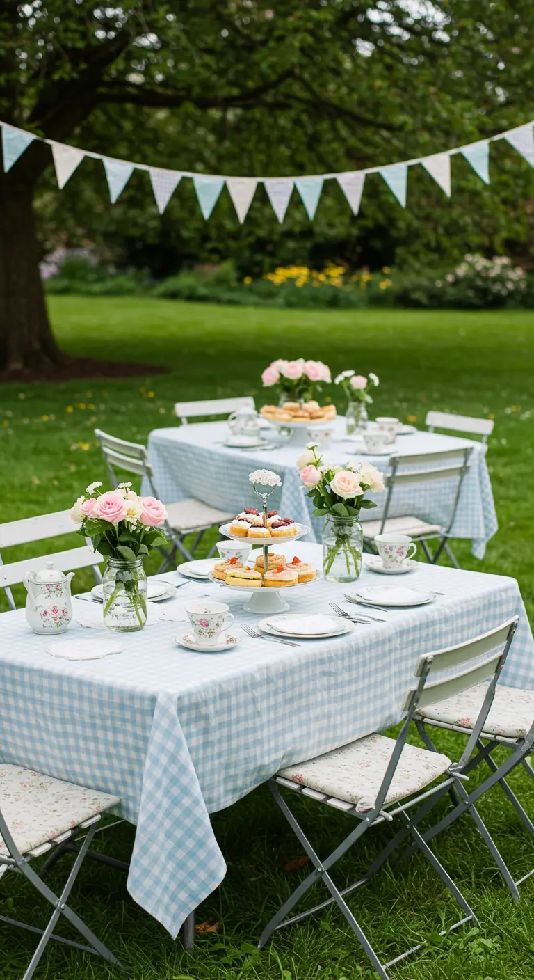 Table de goûter champêtre avec nappe à carreaux vichy, petits bouquets de roses et guirlande de fanions.