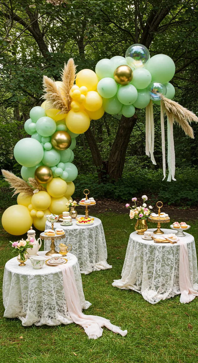 Goûter en plein air avec arche de ballons verts et jaunes, tables avec nappes en dentelle.