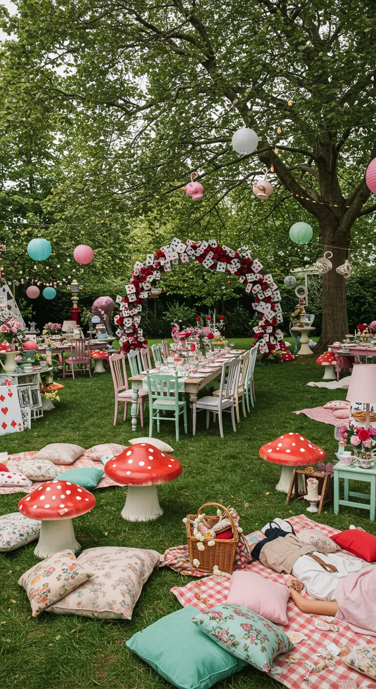 Garden party sur le thème d'Alice au pays des merveilles avec une arche en cartes à jouer et des champignons géants.