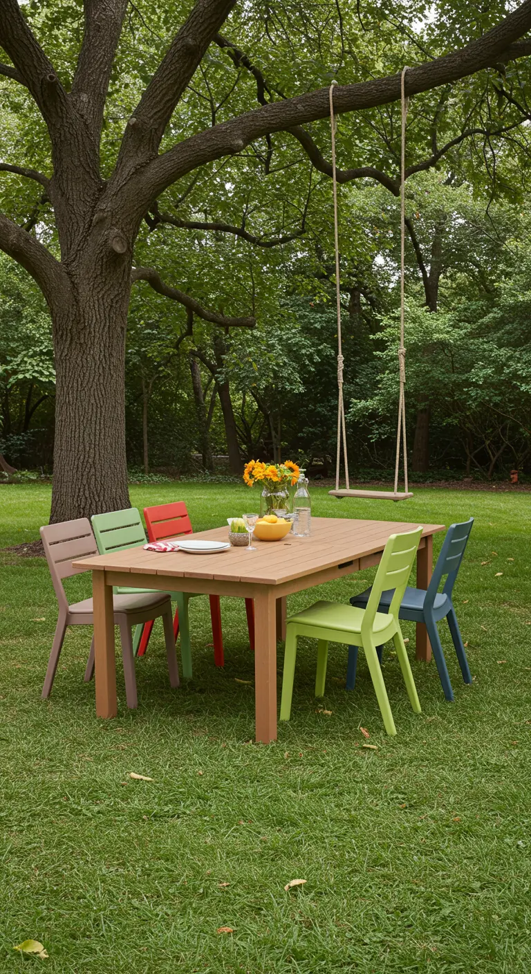 Table en bois entourée de chaises multicolores sous un grand arbre avec une balançoire.