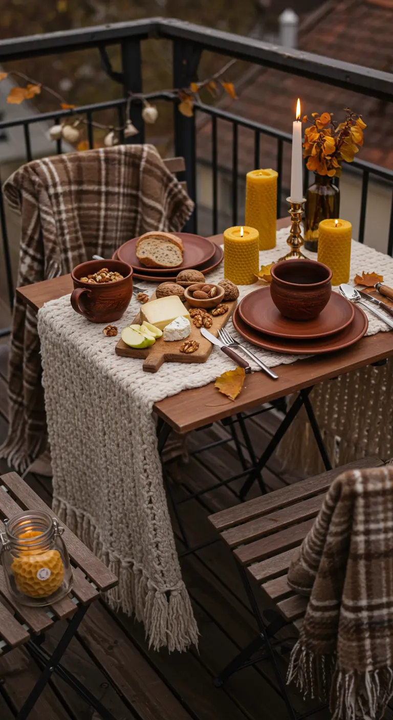 Table dressée pour un goûter avec vaisselle en grès et chemin de table en tricot.