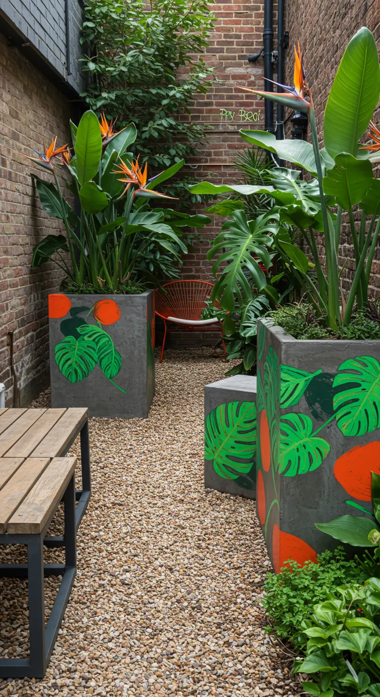 Patio urbain avec des jardinières en béton peintes de motifs de feuilles tropicales vertes et oranges, garnies de plantes.