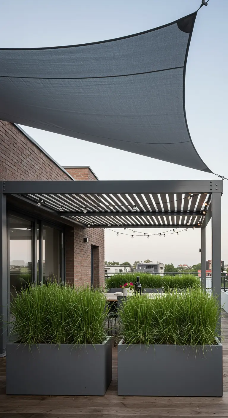 Terrasse moderne avec pergola grise et grandes jardinières de graminées ornementales.