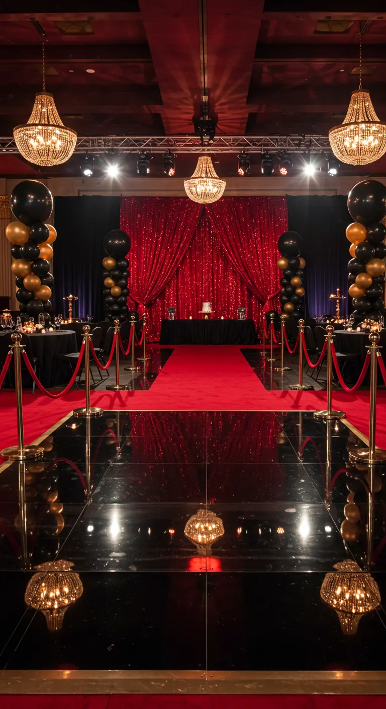 Salle de gala avec tapis rouge, rideaux rouges scintillants, colonnes de ballons et piste de danse noire.