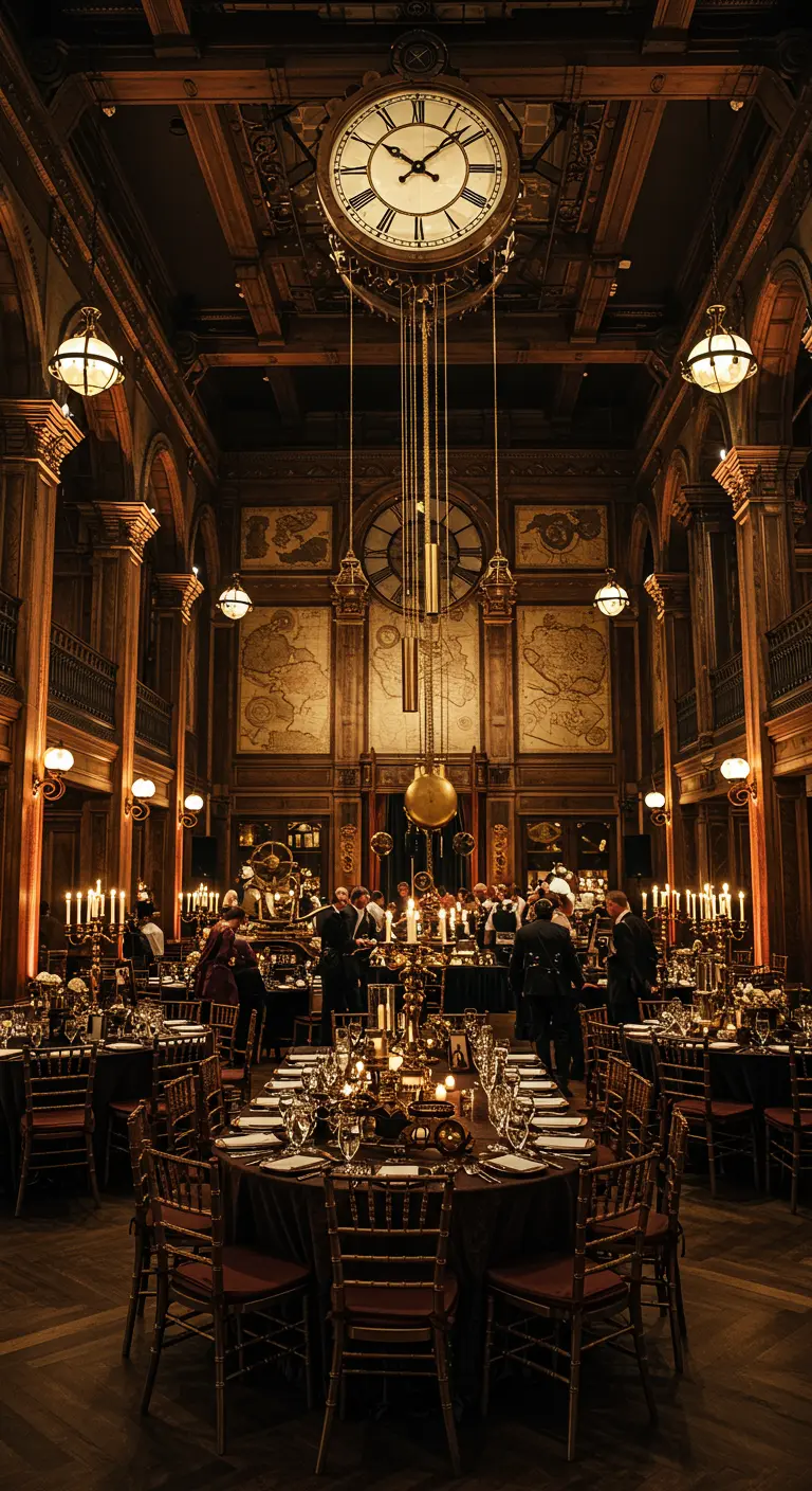 Grande salle de réception de style Steampunk avec une horloge géante au plafond et des tables élégantes.