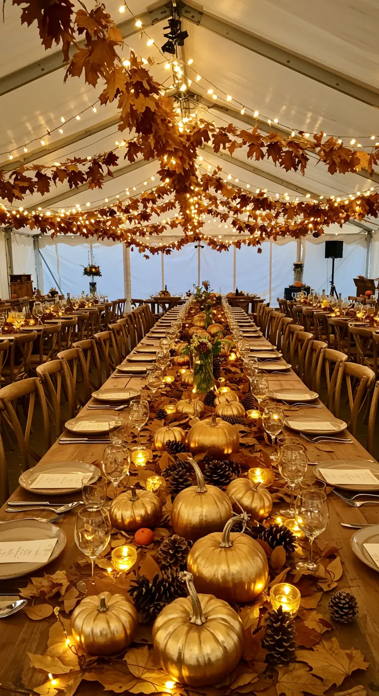 Une immense table de banquet sous une tente, richement décorée de feuilles d'automne, de citrouilles dorées, de pommes de pin et de guirlandes lumineuses.