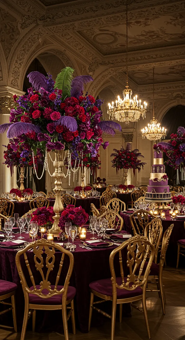 Centre de table floral pourpre et rouge avec plumes et perles, dans une salle de réception luxueuse aux teintes sombres.