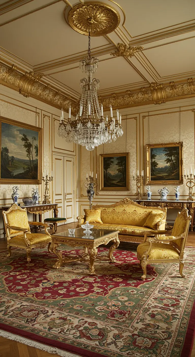 Salon Grand Siècle avec canapé en velours doré, tapis persan, lustre en cristal et murs ornés.