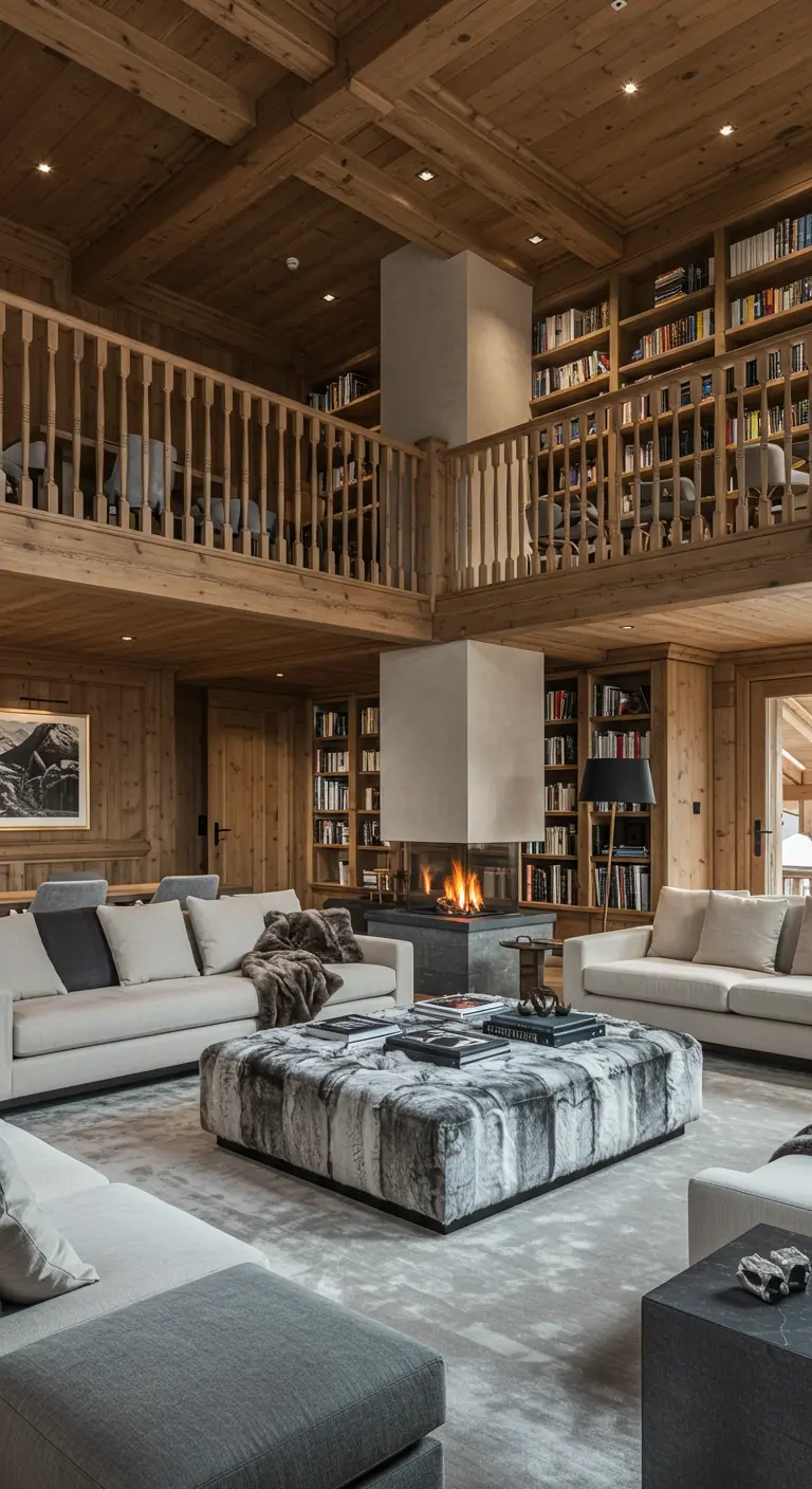 Grand salon de chalet avec mezzanine, bibliothèque et pouf central en fausse fourrure.