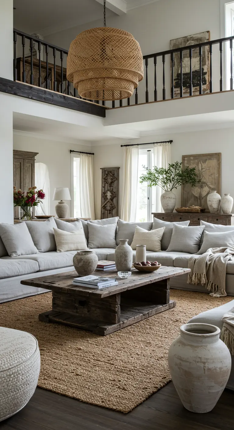 Grand salon ouvert avec plafond cathédrale, canapé gris, plusieurs suspensions en rotin, et grande table basse en bois.