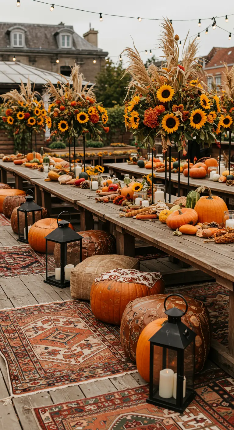Longues tables d'extérieur pour un festin d'automne, décorées de citrouilles, tournesols, pampas et lanternes noires, sur tapis kilim.