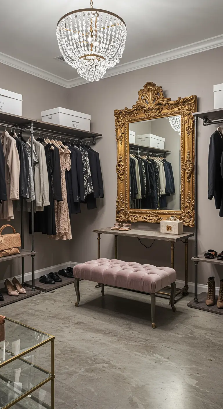 Dressing avec miroir baroque doré, lustre à pampilles et banquette capitonnée rose.