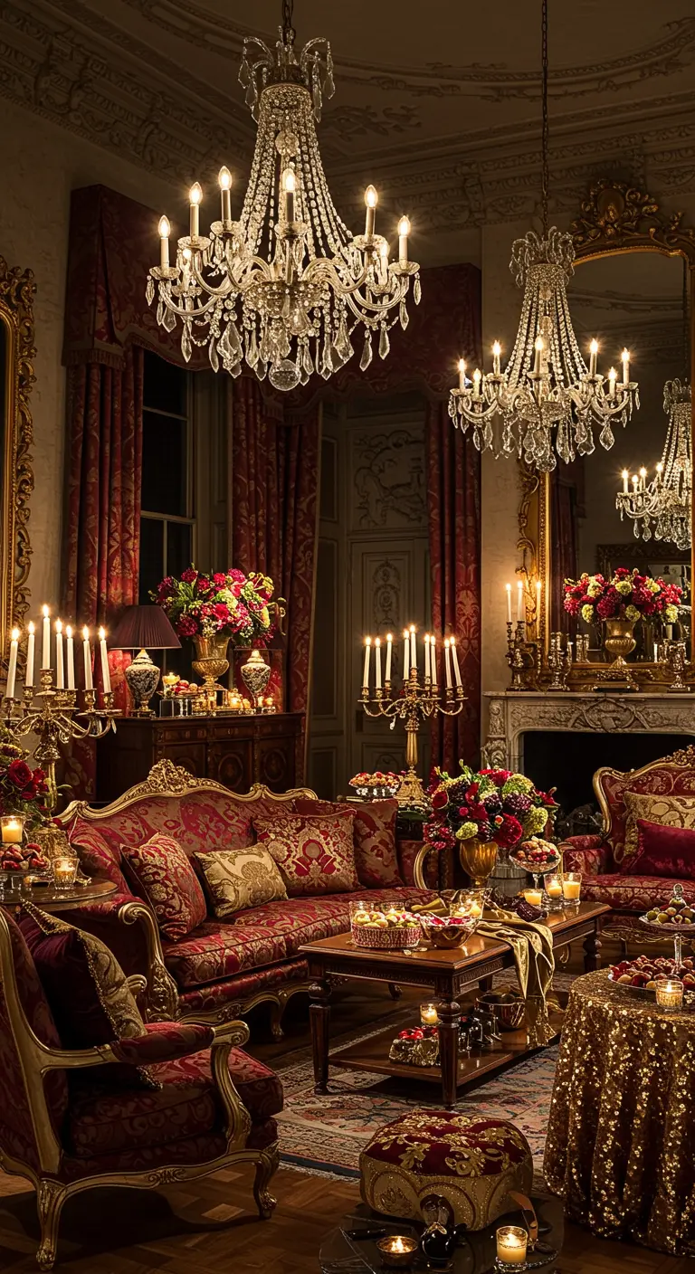 Un salon baroque avec des canapés rouges et dorés, de grands lustres, des chandeliers et des bouquets de fleurs.