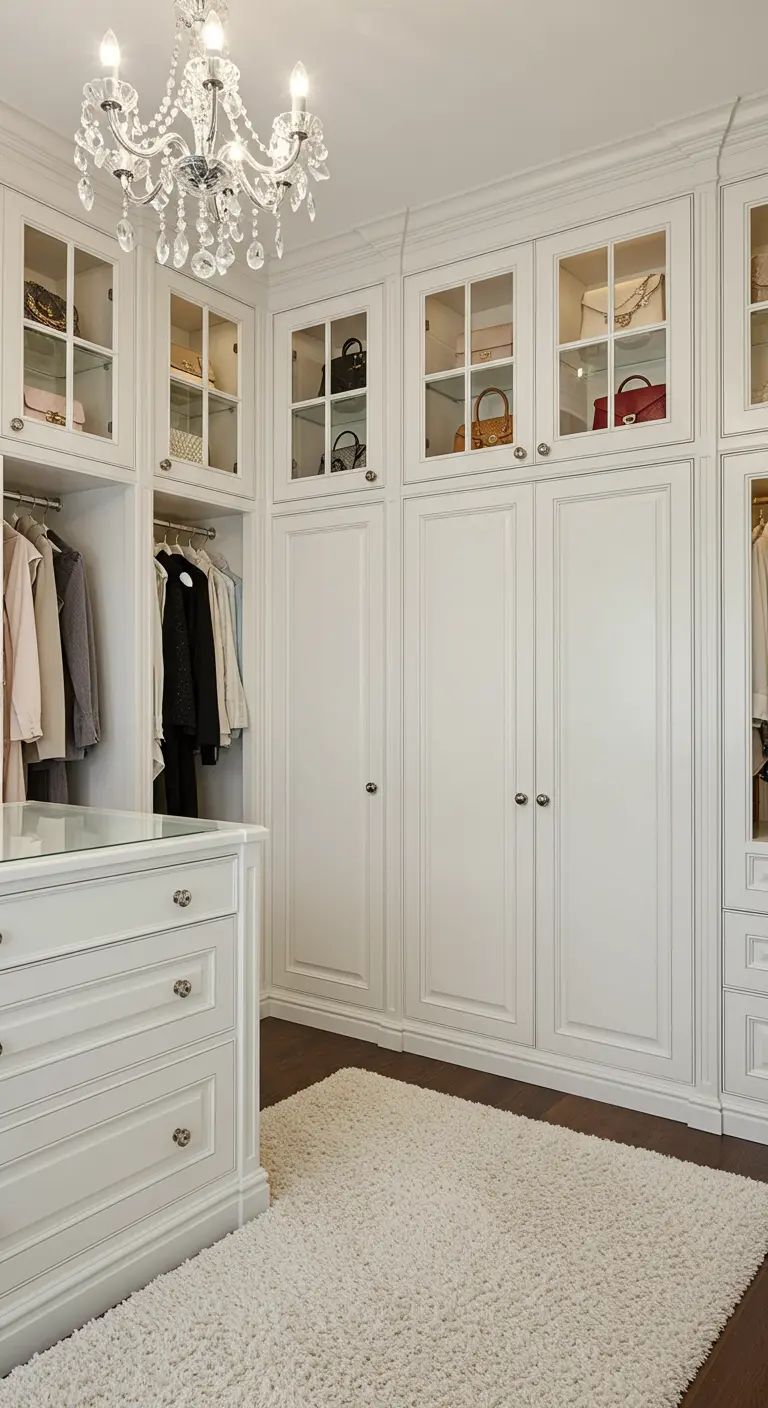 Dressing blanc classique avec portes vitrées et lustre en cristal.