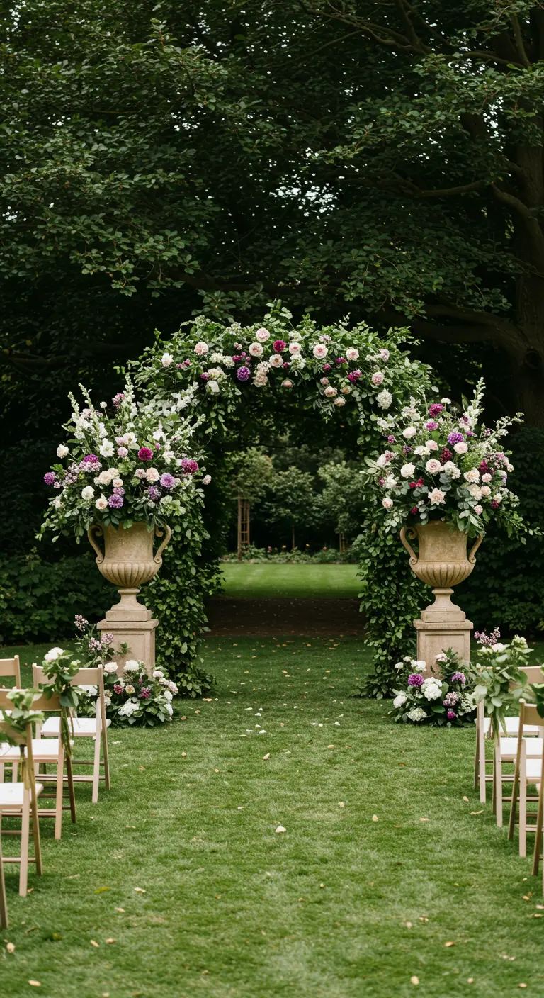 Arche de mariage verte avec deux grandes urnes en pierre remplies de fleurs à la base.