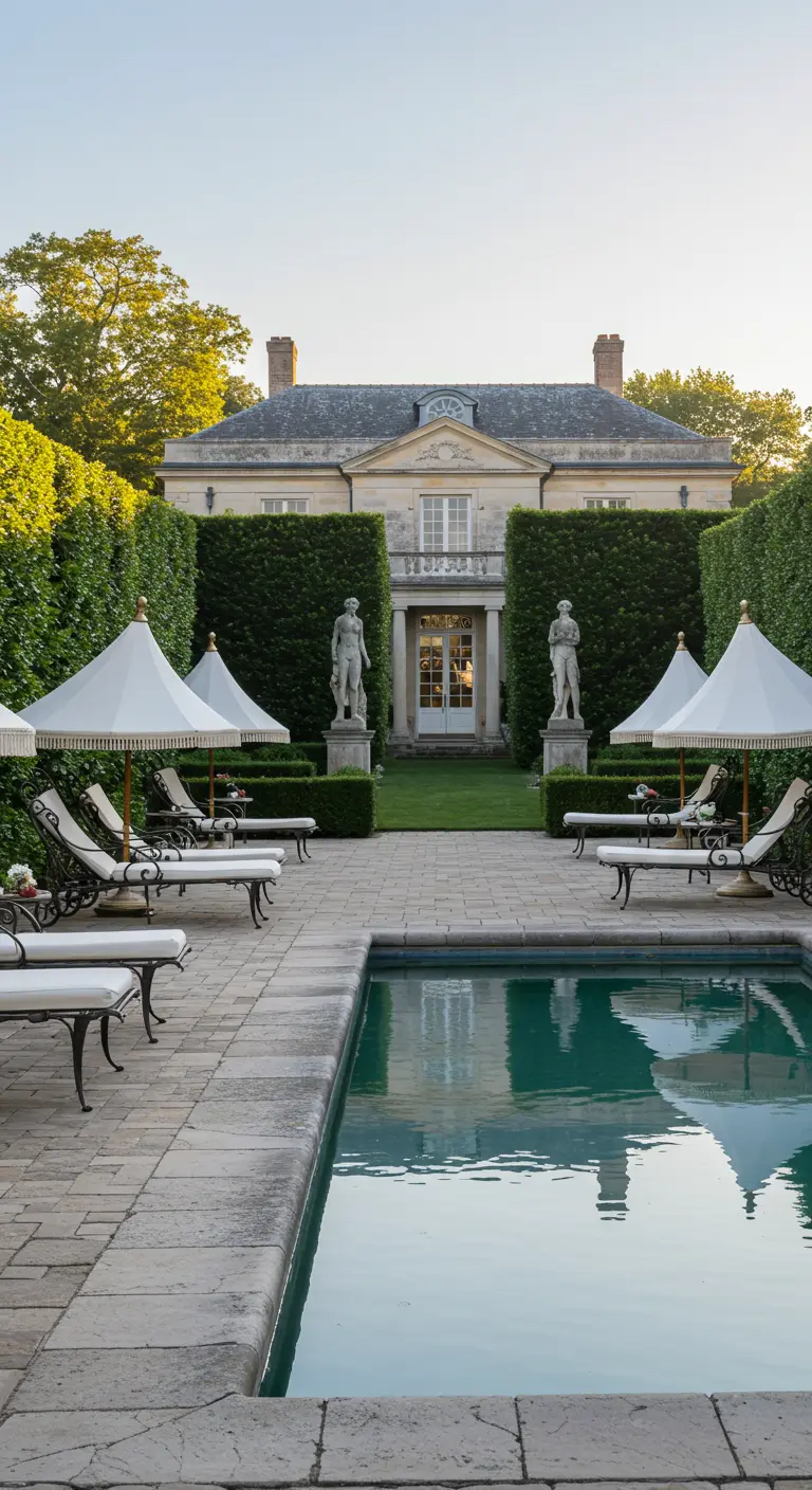 Piscine devant une grande maison classique, avec des transats blancs élégants et des parasols.