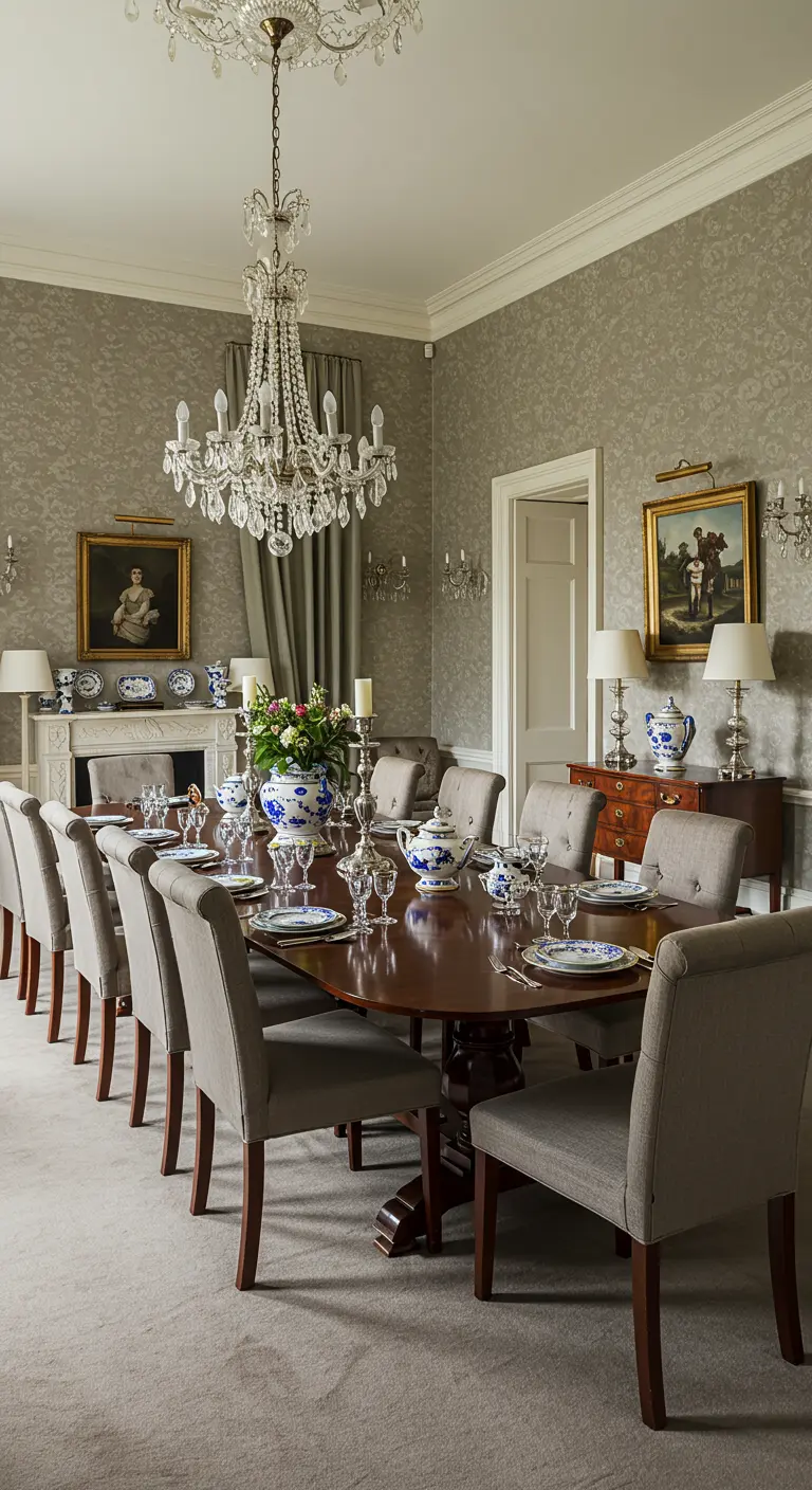 Grande salle à manger classique avec table en bois, chaises rembourrées et porcelaine bleue et blanche.