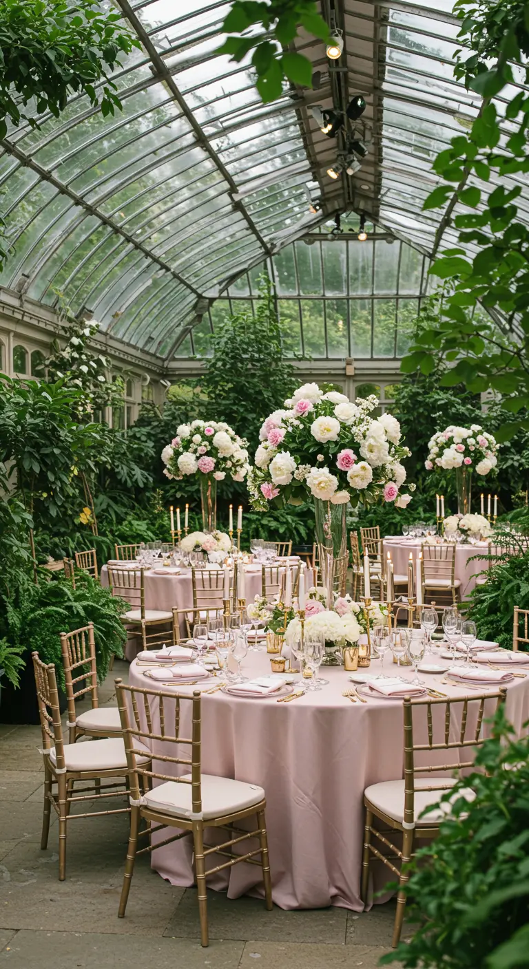 Grande serre vitrée avec tables rondes, nappes roses, hauts bouquets de pivoines, chaises dorées.