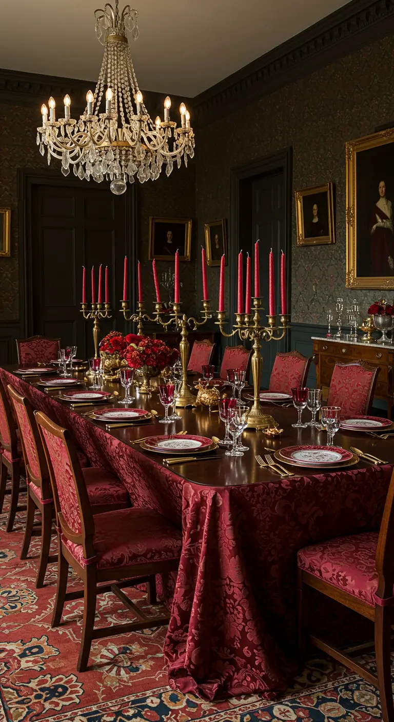 Grande table de salle à manger, décor bordeaux et or, chandeliers multiples.