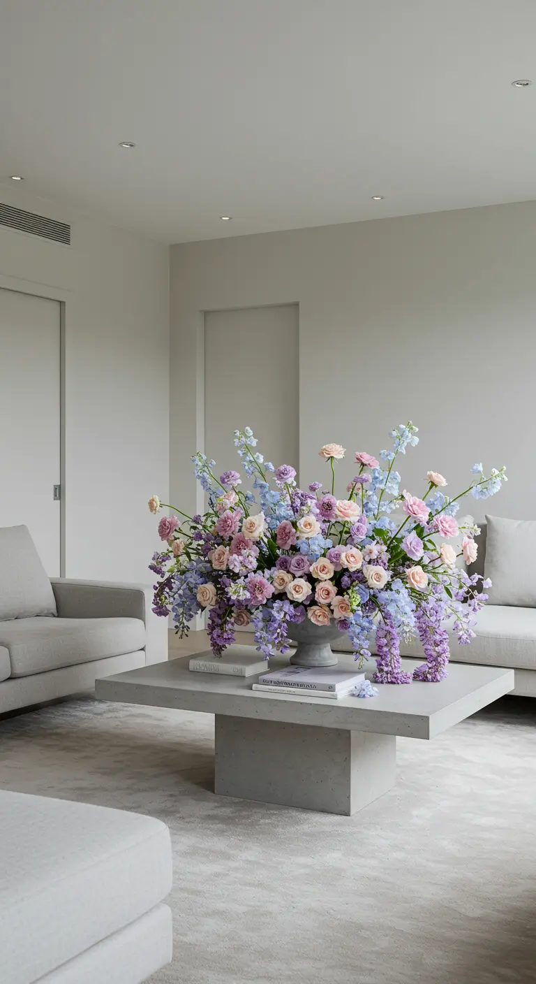 Salon moderne avec table basse en béton et un immense bouquet floral pastel.