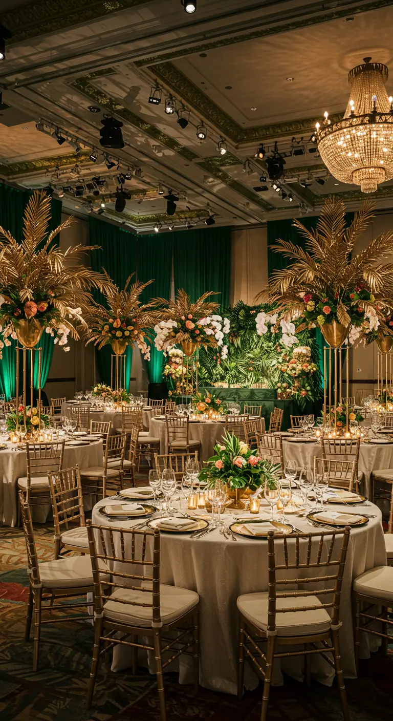 Grande salle de réception avec tables rondes, chaises dorées, centres de table hauts avec palmes et fleurs.