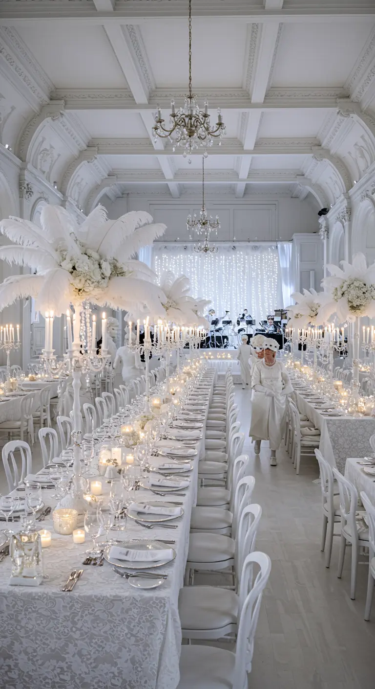 Grande salle de réception blanche avec de longues tables, chandeliers, plumes et bougies.