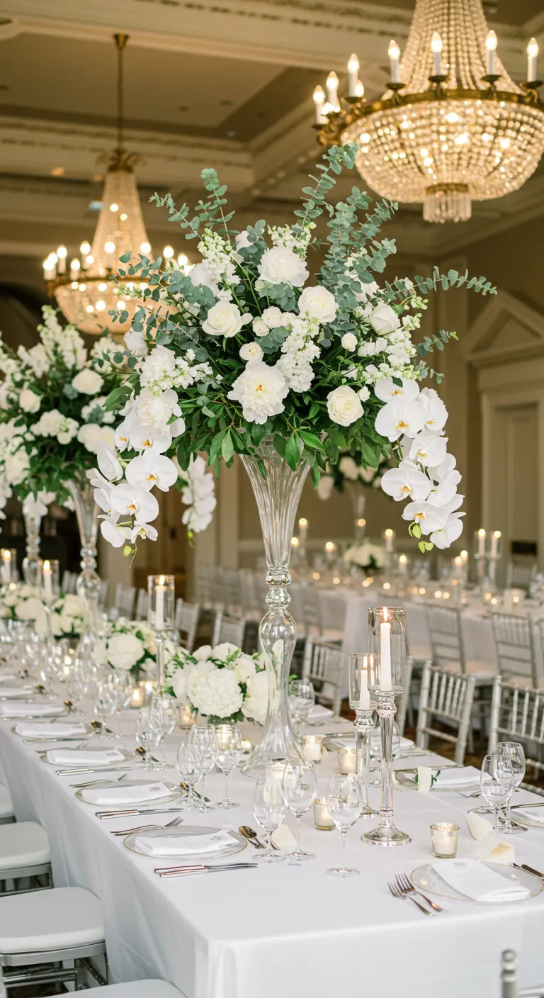 Longue table de mariage élégante avec de grandes compositions florales blanches et des bougeoirs argentés.